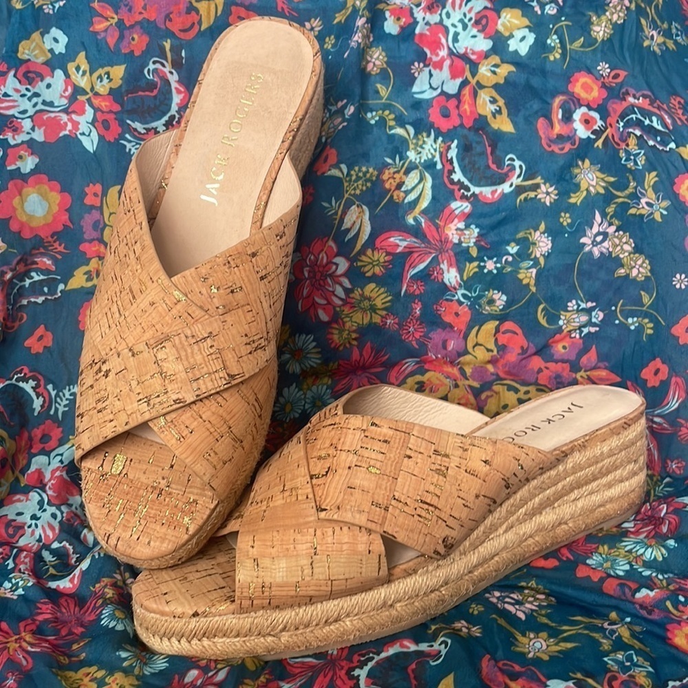 Brand New Jack Rogers Sloane Cork & Gold Wedge Espadrille Slip On Heeled Sandals